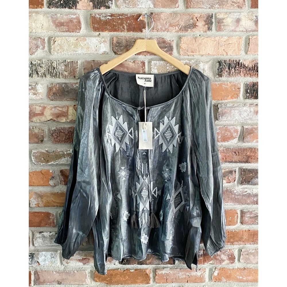 Savanna Jane Aztec Print Embroidered Metallic Grey Top NEW